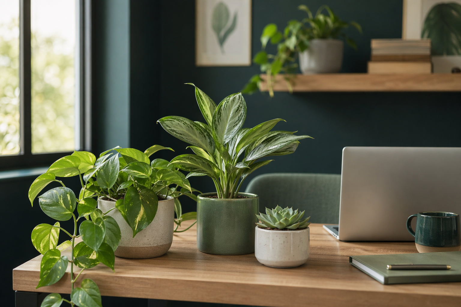 Modern home office desk with small desk plants including pothos, Chinese evergreen, and succulent in natural light