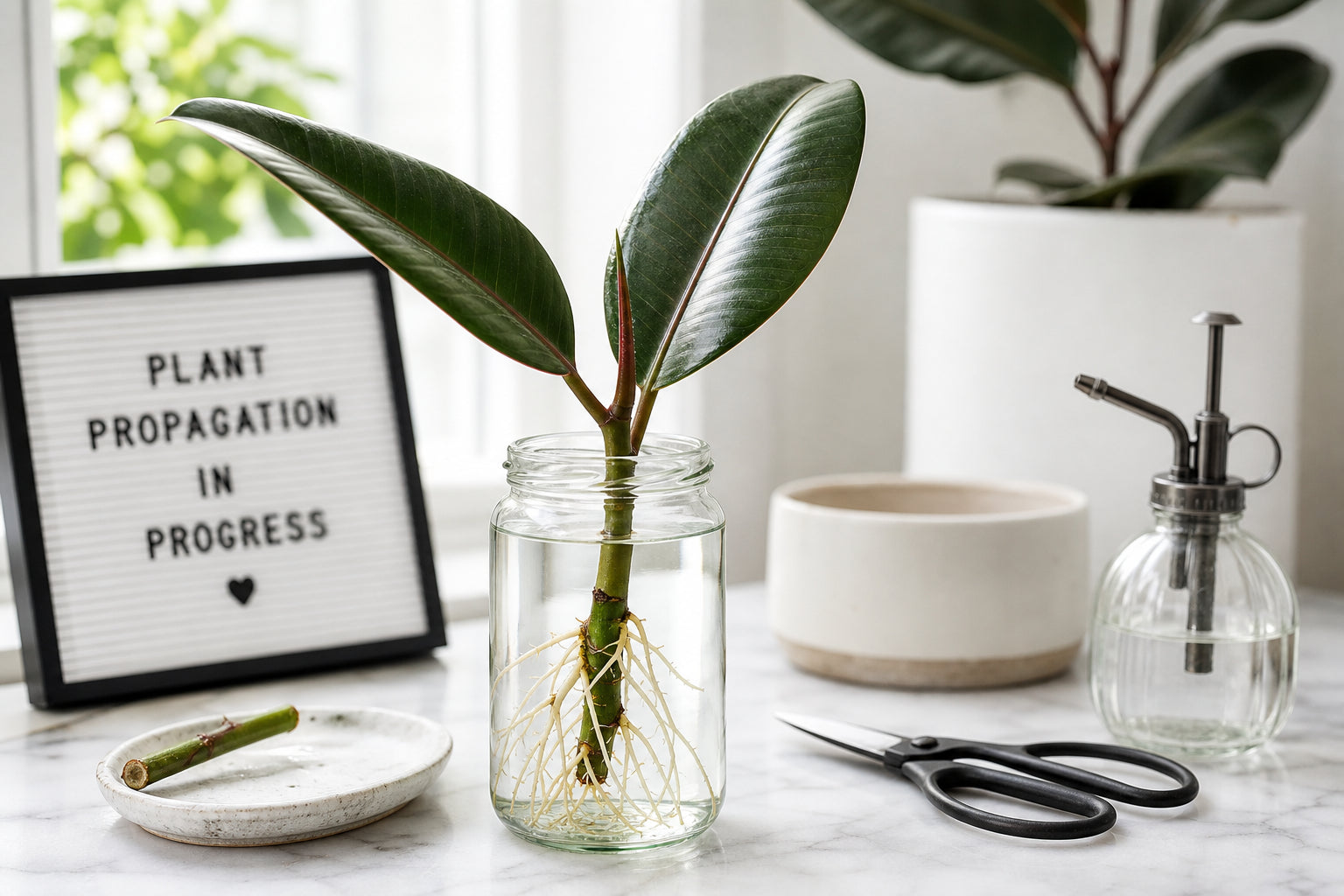 Rubber plant (Ficus elastica) stem cutting with glossy dark green leaves rooting in a clear glass jar of water, showing white roots forming — propagation setup in a bright modern home