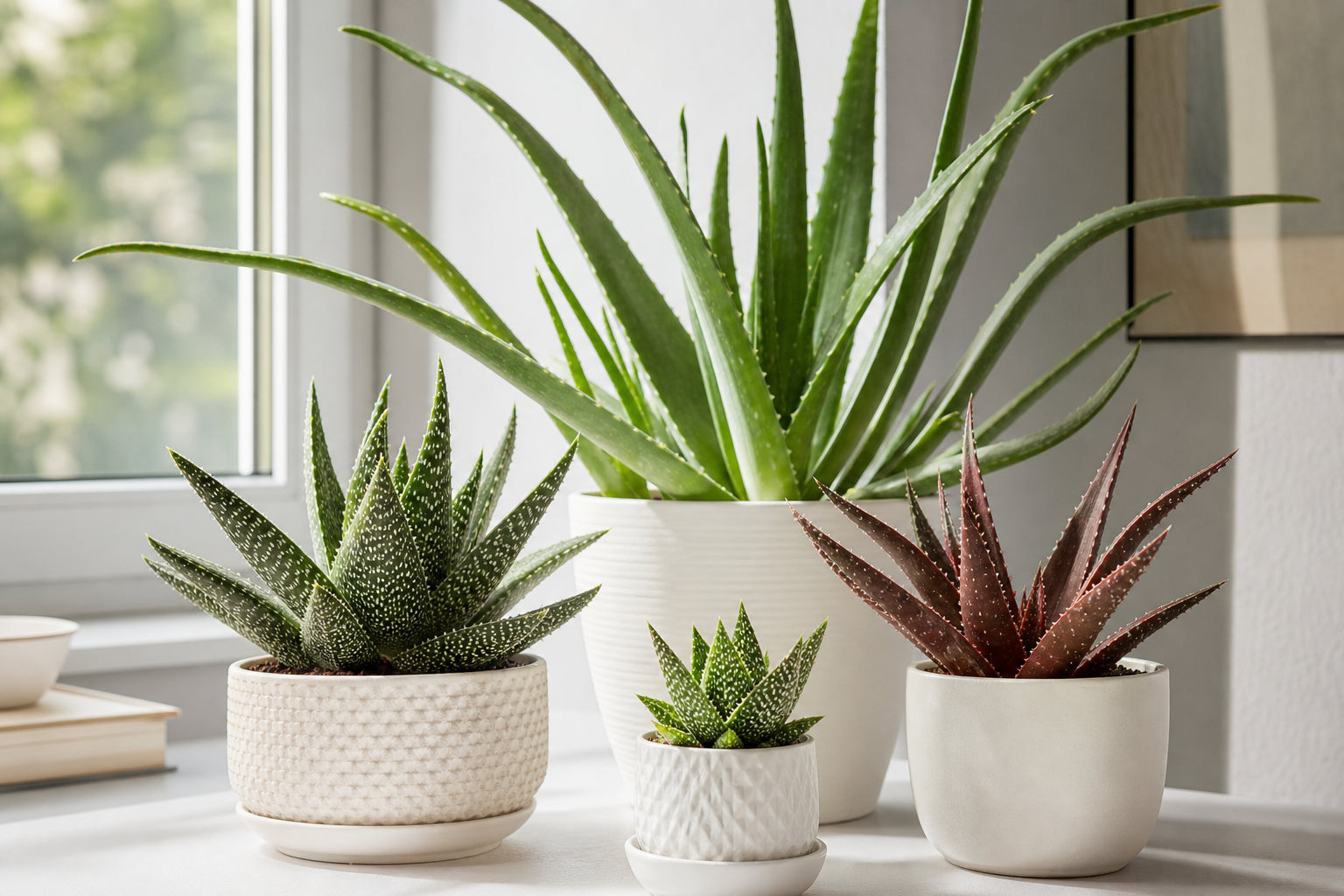 Collection of aloe vera varieties including compact and large types arranged on a bright windowsill