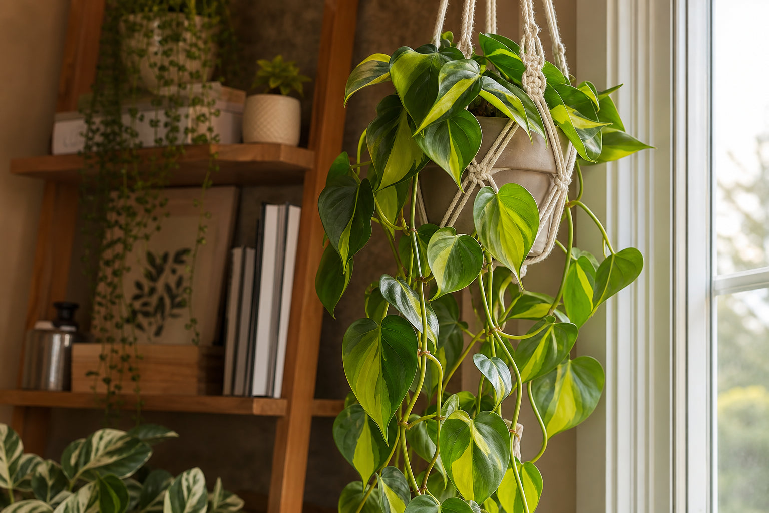 Philodendron Brasil vine with yellow-green variegated heart-shaped leaves trailing from a hanging macrame planter