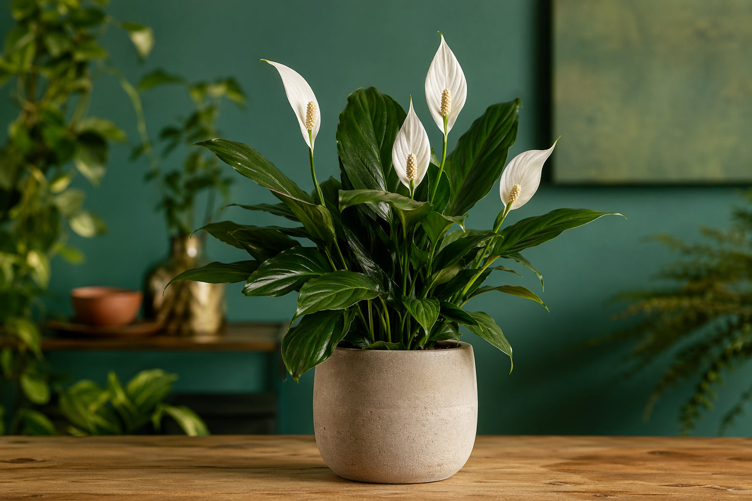 Peace lily plant care - beautiful Spathiphyllum with white flowers in natural setting from Divine Roots Botanicals