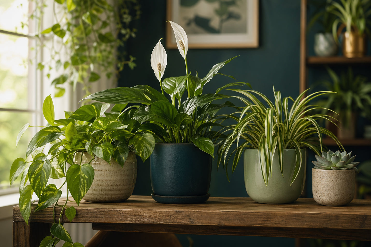 Collection of beginner-friendly indoor houseplants including pothos, peace lily, spider plant, and succulent on a wooden shelf in warm natural light