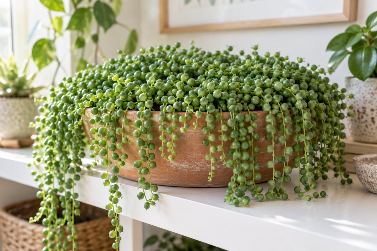 Very full string of pearls plant in a wide shallow terracotta pot with a dense crown of pearls spilling over the rim