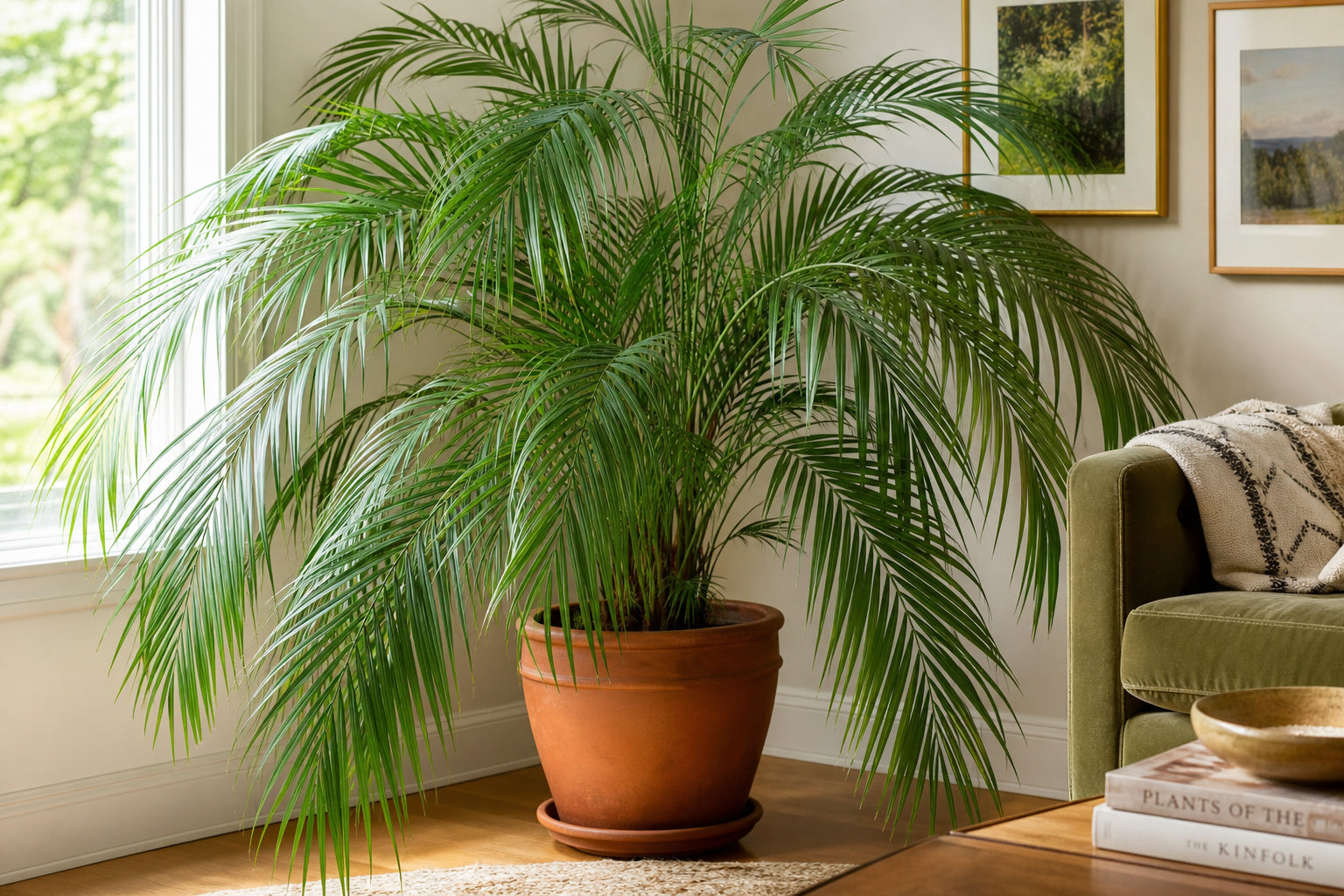 Majesty palm (Ravenea rivularis) growing indoors in bright living room with arching tropical fronds