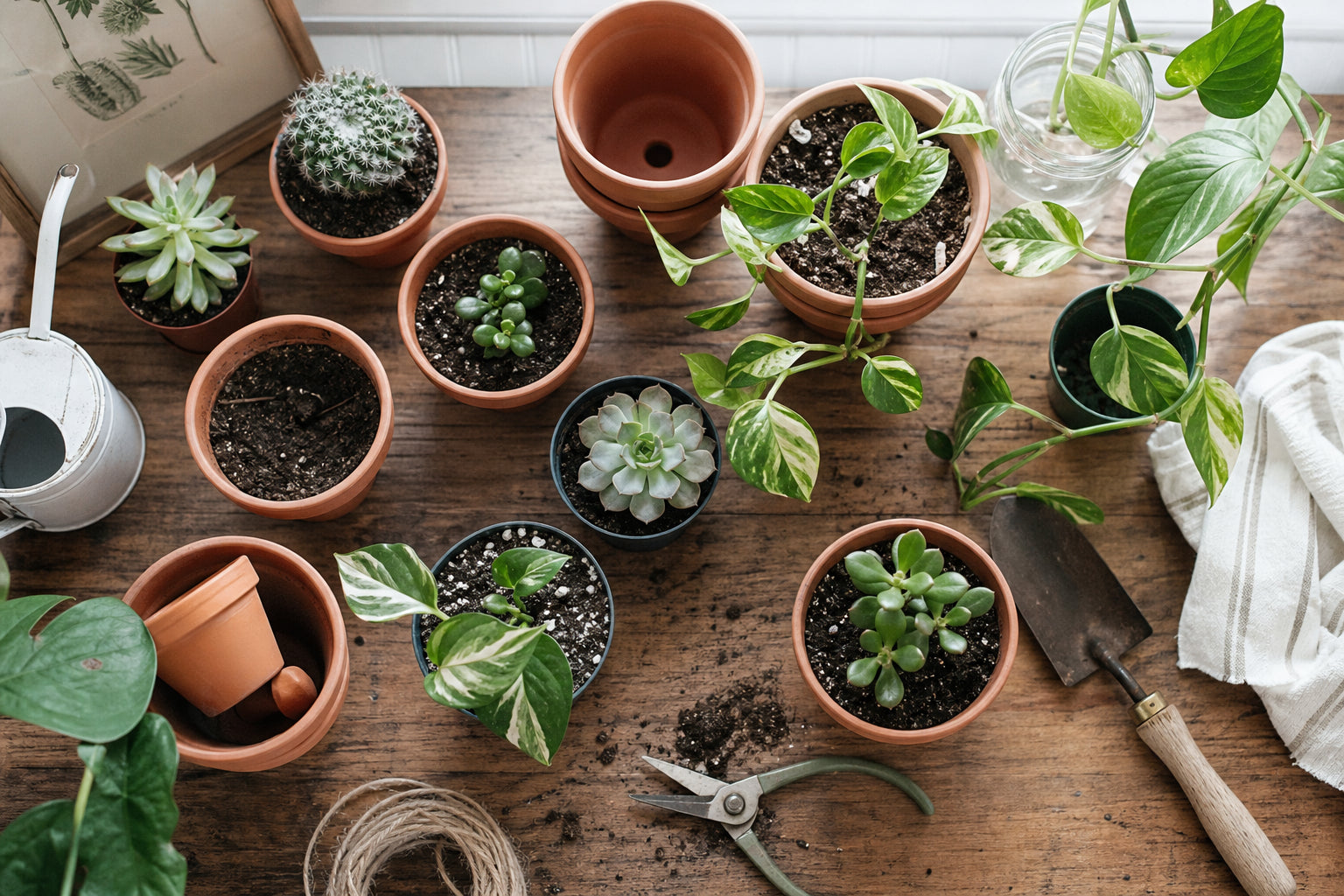 Terracotta and plastic nursery pots side by side on a wooden table with small houseplants, natural daylight