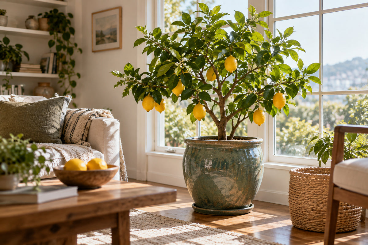 Dwarf Meyer lemon tree with ripe yellow lemons and glossy green leaves in a large glazed pot beside a bright window