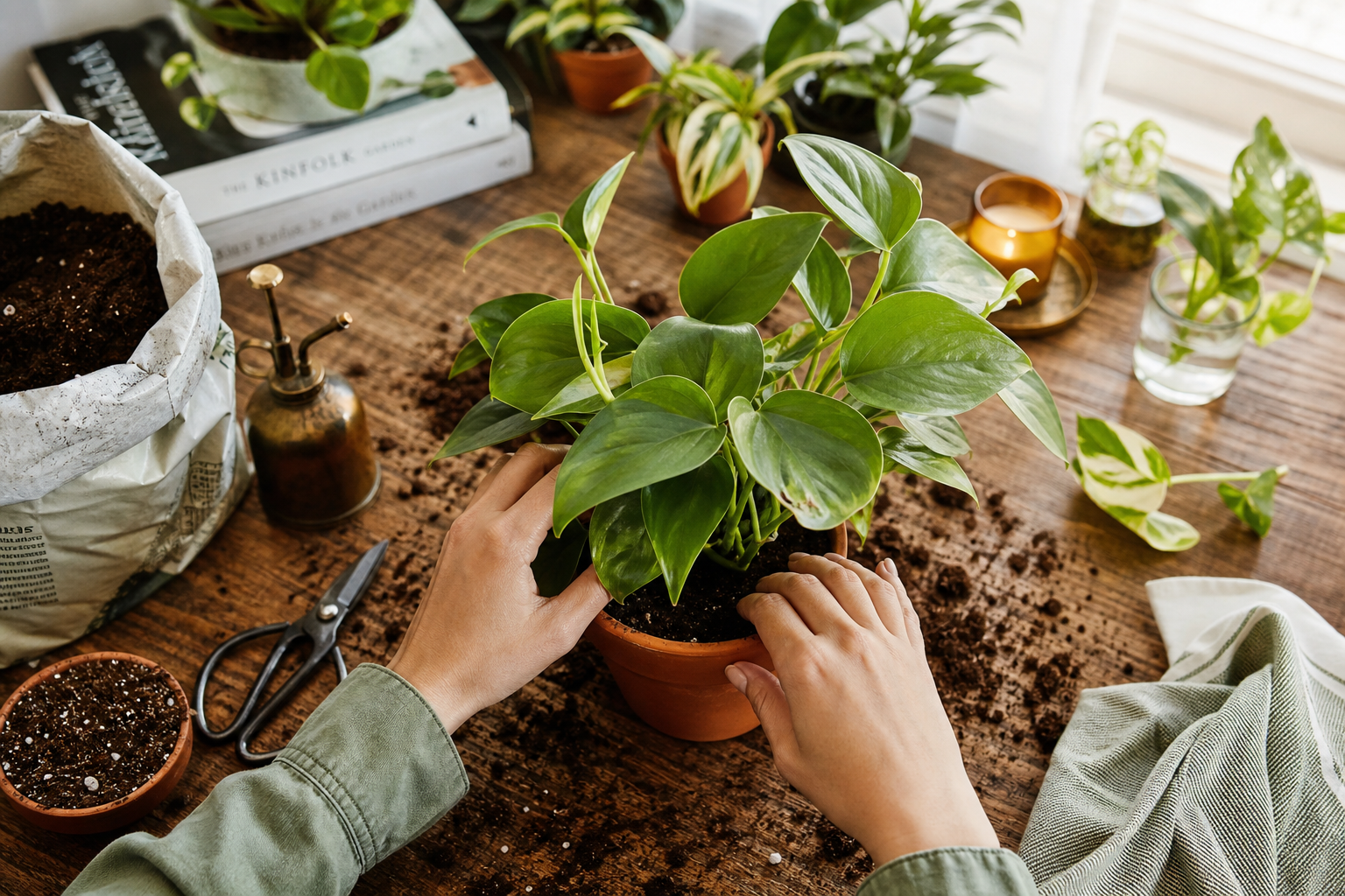 Hands repotting a healthy houseplant into a terracotta pot with fresh soil — step-by-step repotting guide