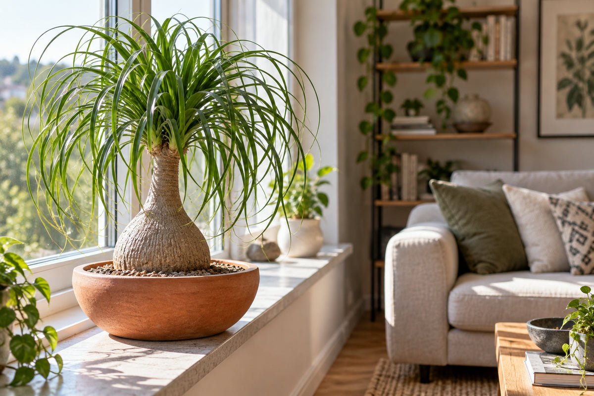 Ponytail palm with a swollen grey caudex trunk and a fountain of thin curly leaves in a wide terracotta bowl on a sunny windowsill