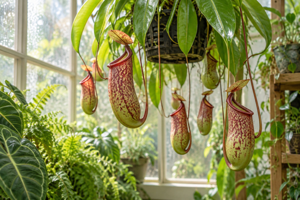 Nepenthes tropical pitcher plant hanging in a bright indoor window with red-speckled green pitchers dangling from long tendrils