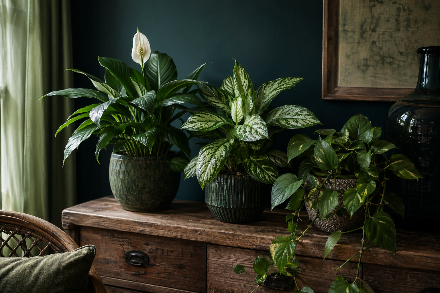 Lush low light indoor plants including peace lily, Chinese evergreen, and pothos thriving in a dimly lit room corner