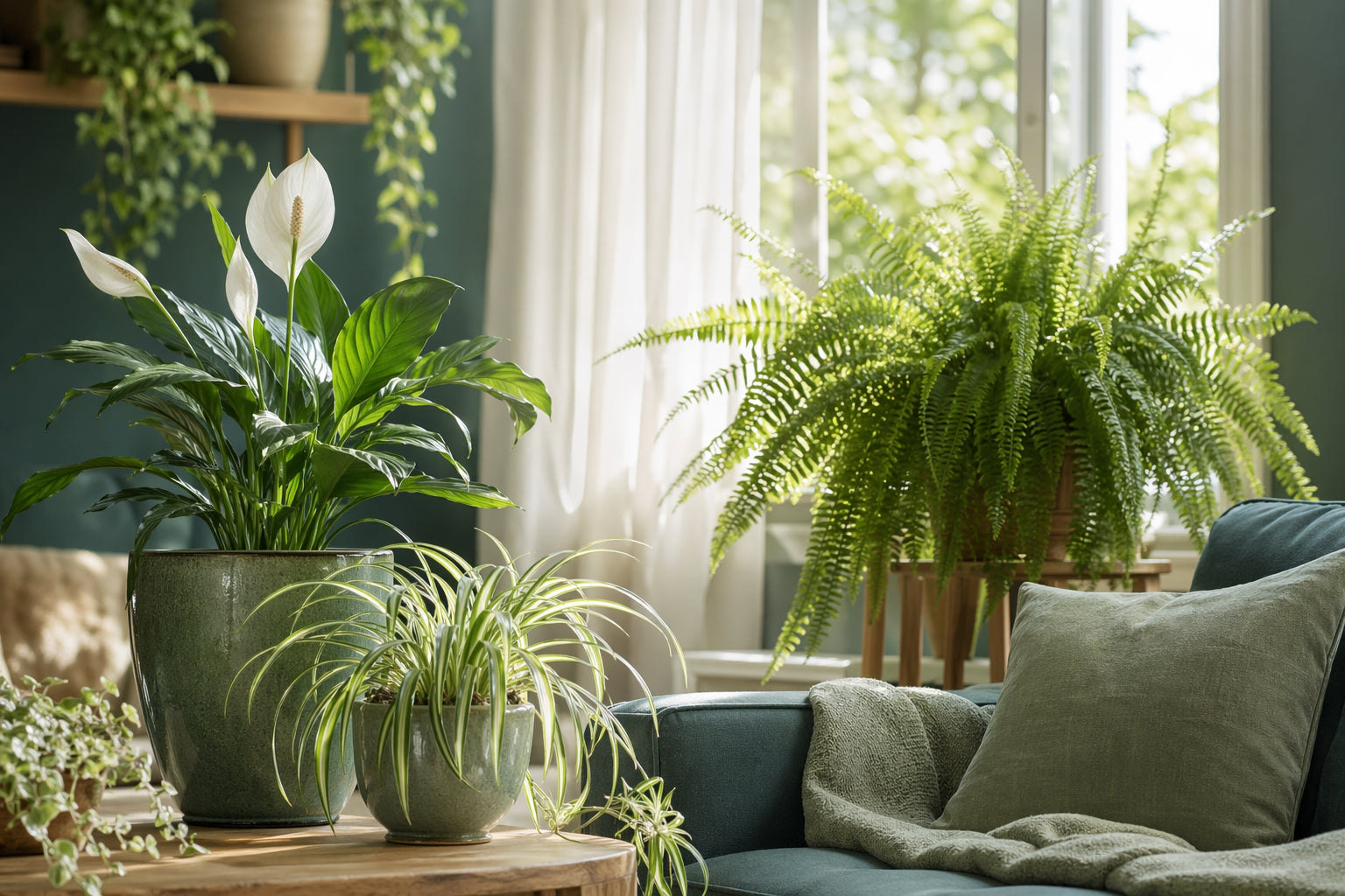 Air purifying indoor plants including peace lily, spider plant, and Boston fern in a bright airy living room near an open window