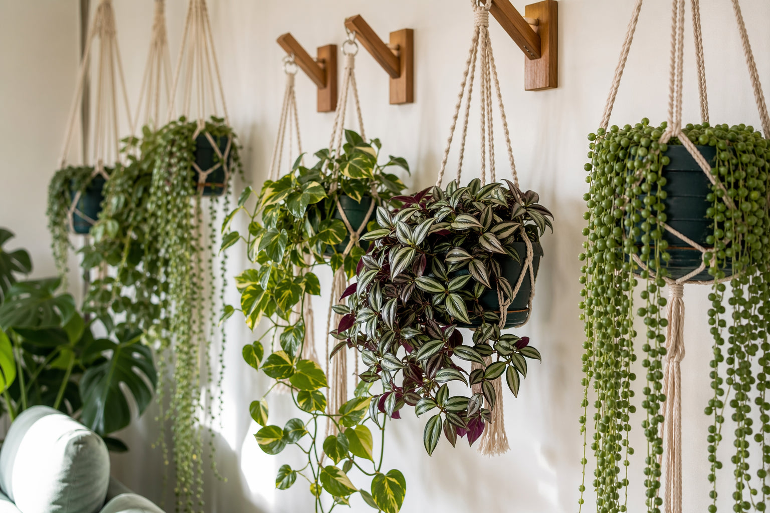 Beautiful indoor hanging plants in macramé hangers including string of pearls, pothos, and tradescantia creating a lush green curtain