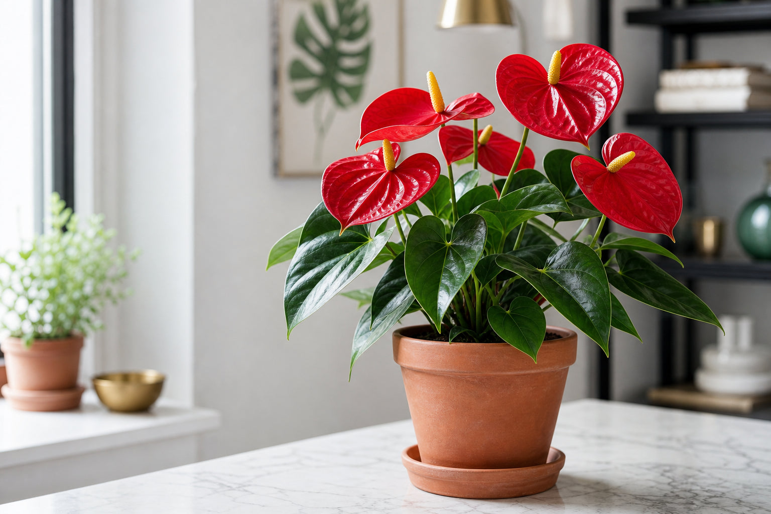 Red anthurium flamingo flower with glossy heart-shaped spathe in a terracotta pot on a white marble surface in bright home interior