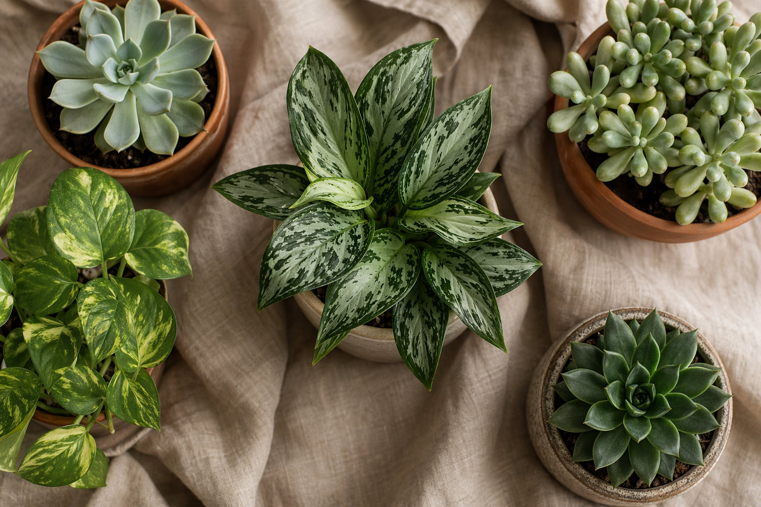 Overhead view of easy care houseplants in terracotta and ceramic pots including succulents, pothos, and Chinese evergreen