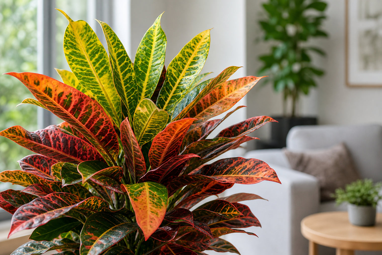 Vibrant croton plant (Codiaeum variegatum) with multicolored red, orange, yellow and green leaves in modern indoor setting