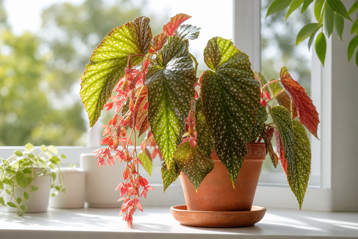 Angel wing begonia in a terracotta pot on a bright windowsill showing silver-spotted wing-shaped leaves and hanging clusters of coral-pink flowers