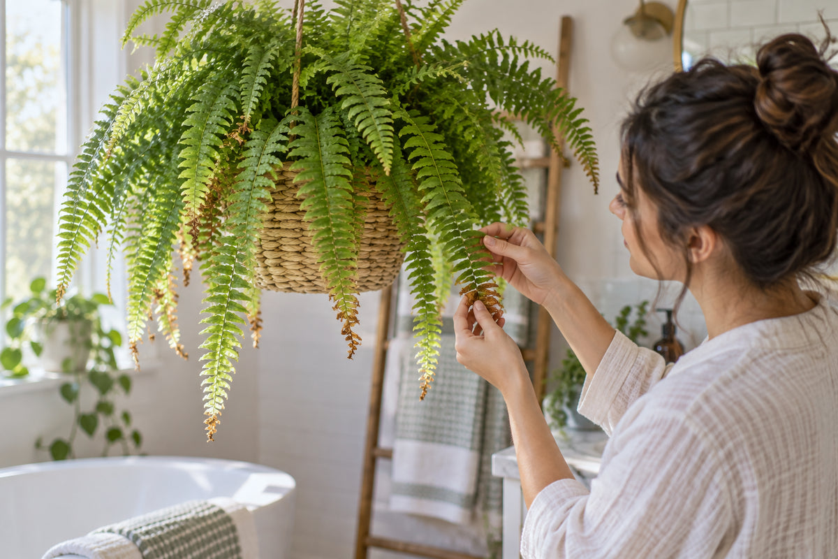 Lush Boston fern in a woven hanging basket in a bright bathroom with a few fronds showing crispy brown tips