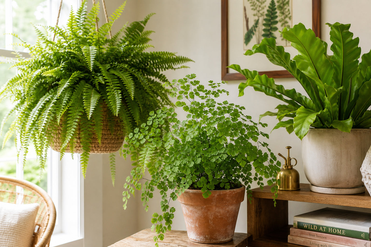 Collection of indoor ferns including Boston fern, bird's nest fern, and maidenhair fern displayed in a bright home setting