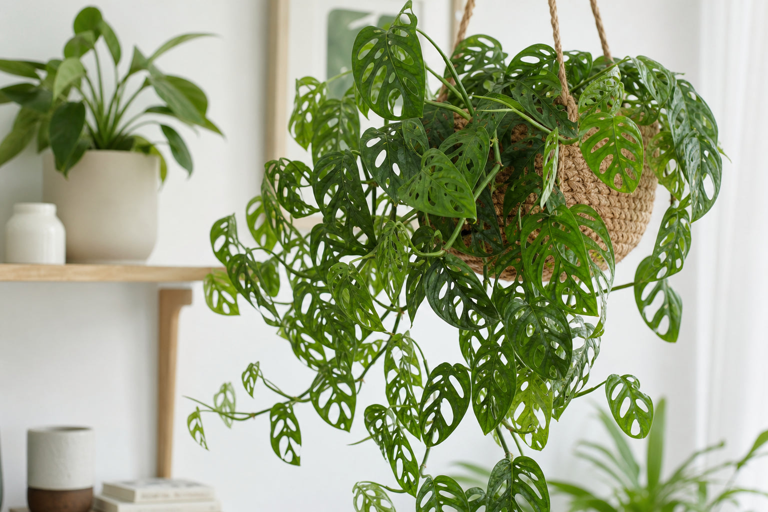 Monstera adansonii Swiss cheese vine with fenestrated leaves trailing from a hanging basket in a bright indoor setting