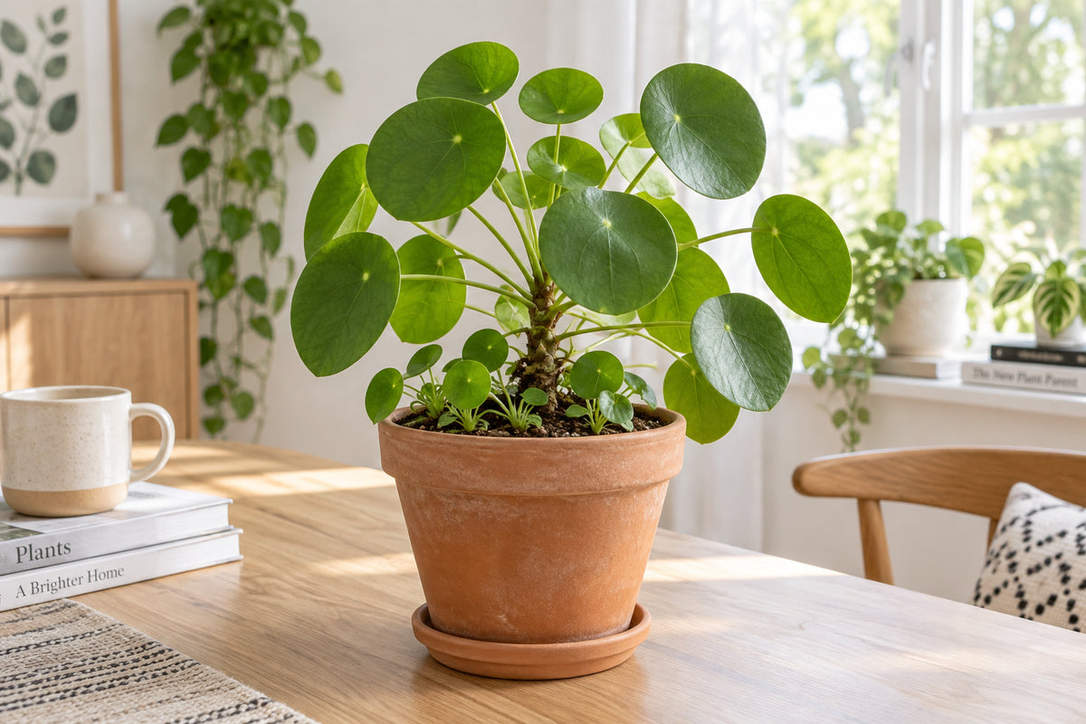 Healthy Pilea peperomioides Chinese money plant in a terracotta pot with several small pups growing at its base