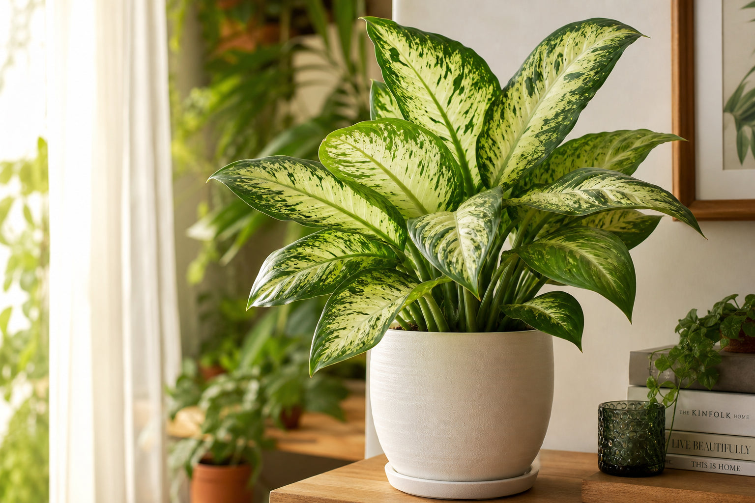 Dieffenbachia dumb cane plant with large cream and green tropical leaves in a white ceramic pot in a bright indoor setting