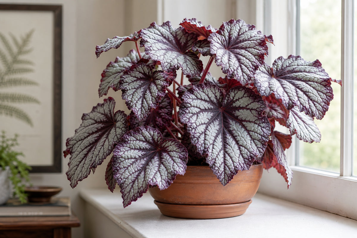 Rex begonia with silver and deep purple patterned leaves in a terracotta pot on a bright windowsill