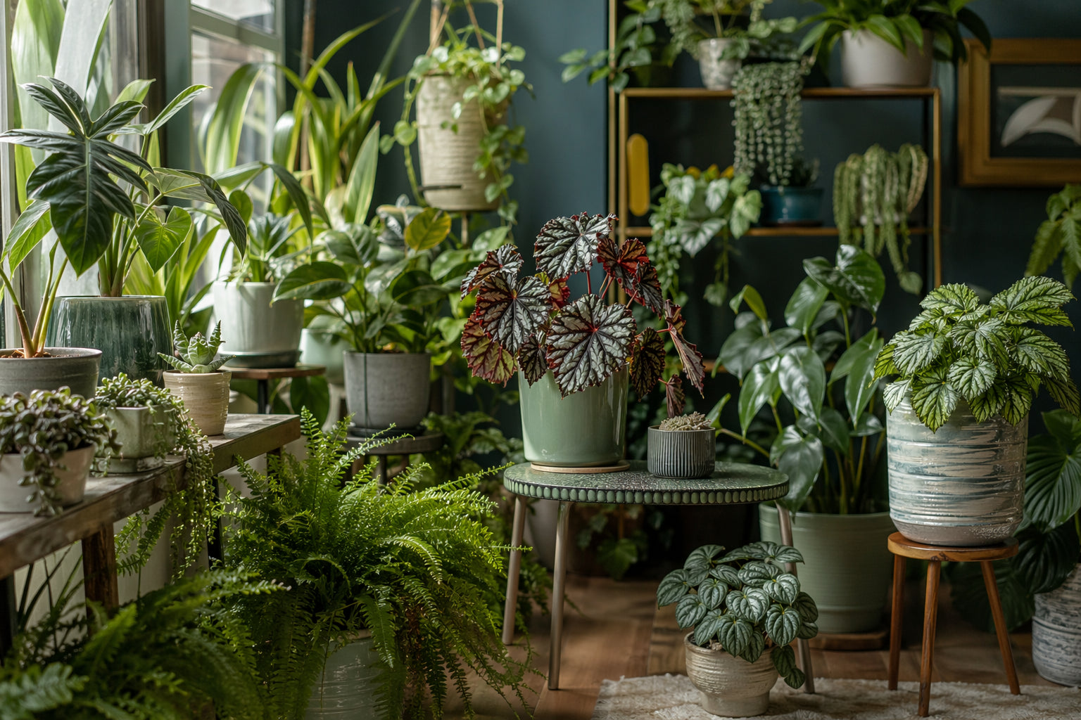 Stunning collection of diverse indoor houseplants including begonias, ferns, succulents, and trailing plants filling a bright sunlit room