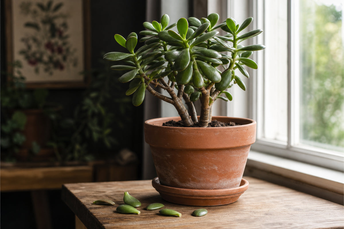 A jade plant on a windowsill with several plump green leaves fallen onto the table beside its terracotta pot