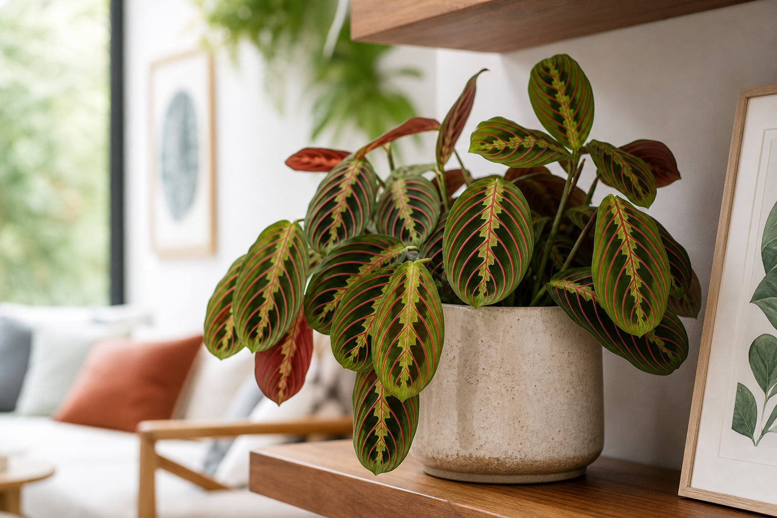 Maranta leuconeura prayer plant with vibrant red-veined herringbone pattern leaves in a ceramic pot on a wooden shelf
