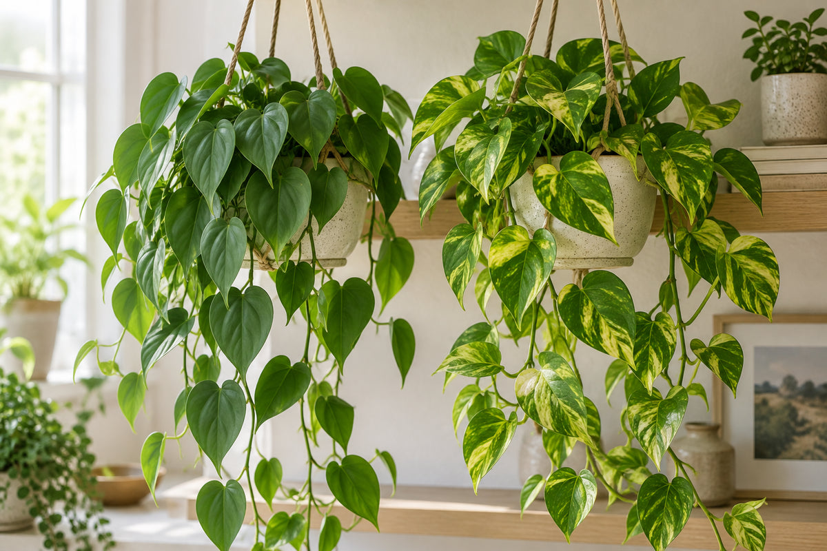 Heartleaf philodendron and golden pothos trailing side by side from matching hanging planters, showing thin matte heart leaves next to thicker waxy marbled leaves