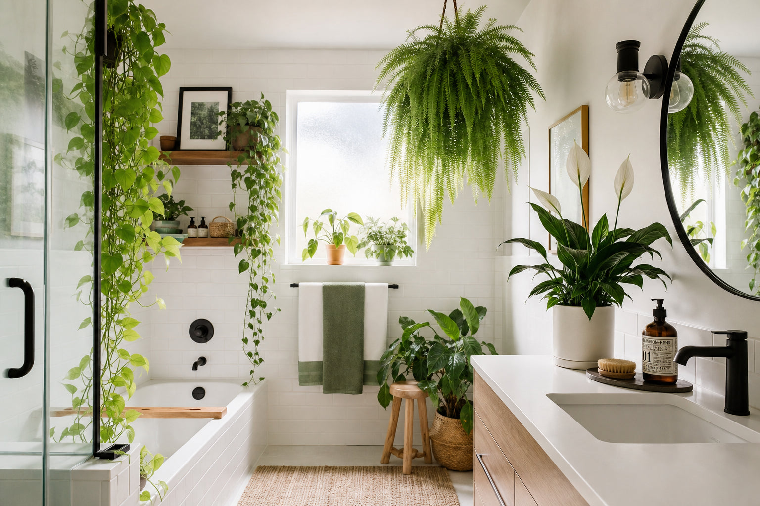 Beautiful houseplants thriving in a bright bathroom with hanging fern, trailing pothos, and peace lily — best bathroom plants guide