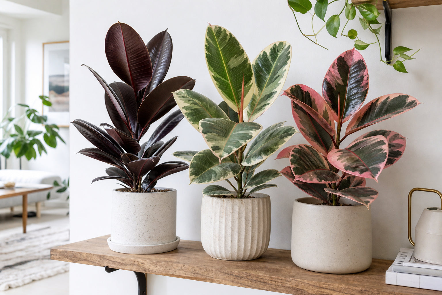 Rubber plant varieties — Burgundy, Tineke and Ruby Ficus elastica plants displayed on a wooden shelf