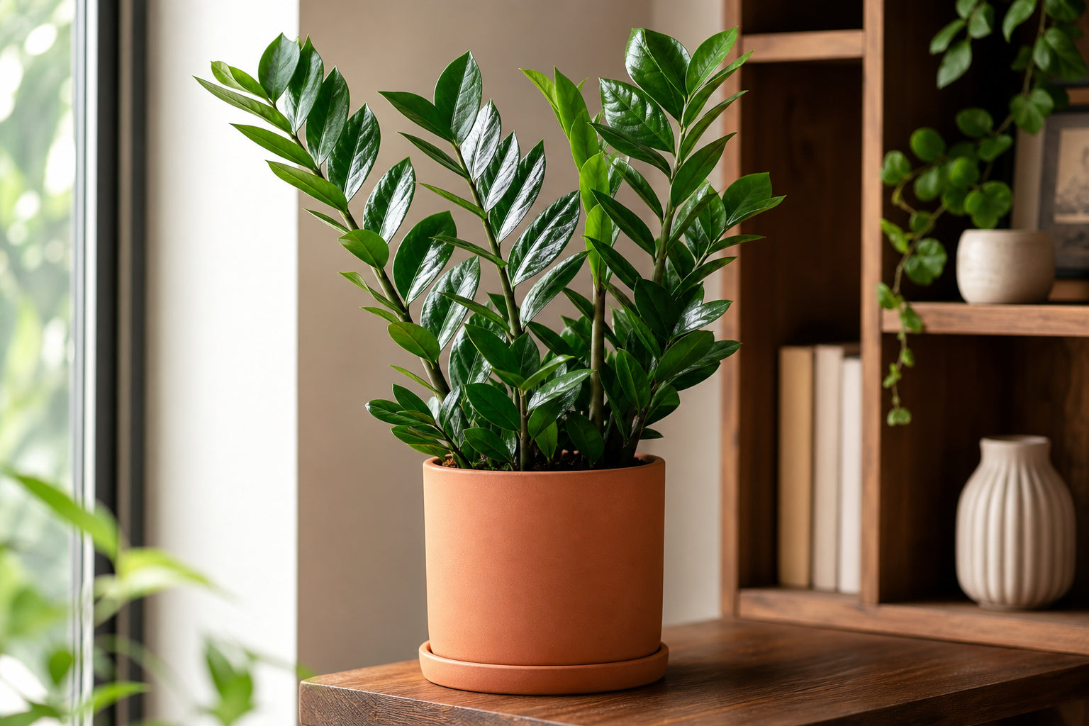 Healthy ZZ plant (Zamioculcas zamiifolia) with glossy dark green leaves in a terracotta pot on a wooden shelf in a modern home