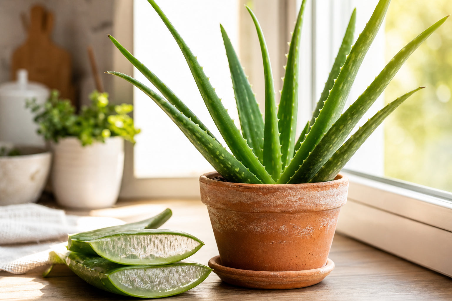 Healthy aloe vera plant with thick plump succulent leaves in a terracotta pot on a bright sunny kitchen windowsill