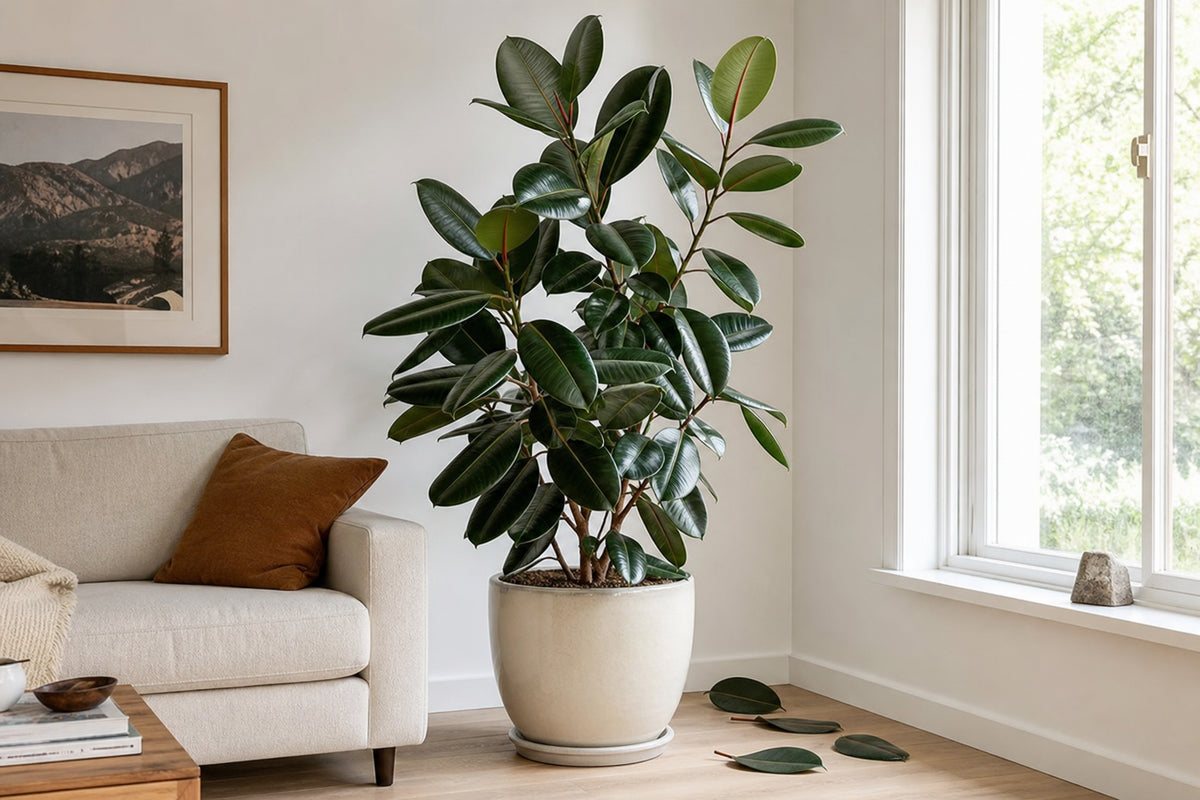 Ficus elastica rubber plant with glossy dark green leaves beside a bright window, with a few fallen leaves on the floor