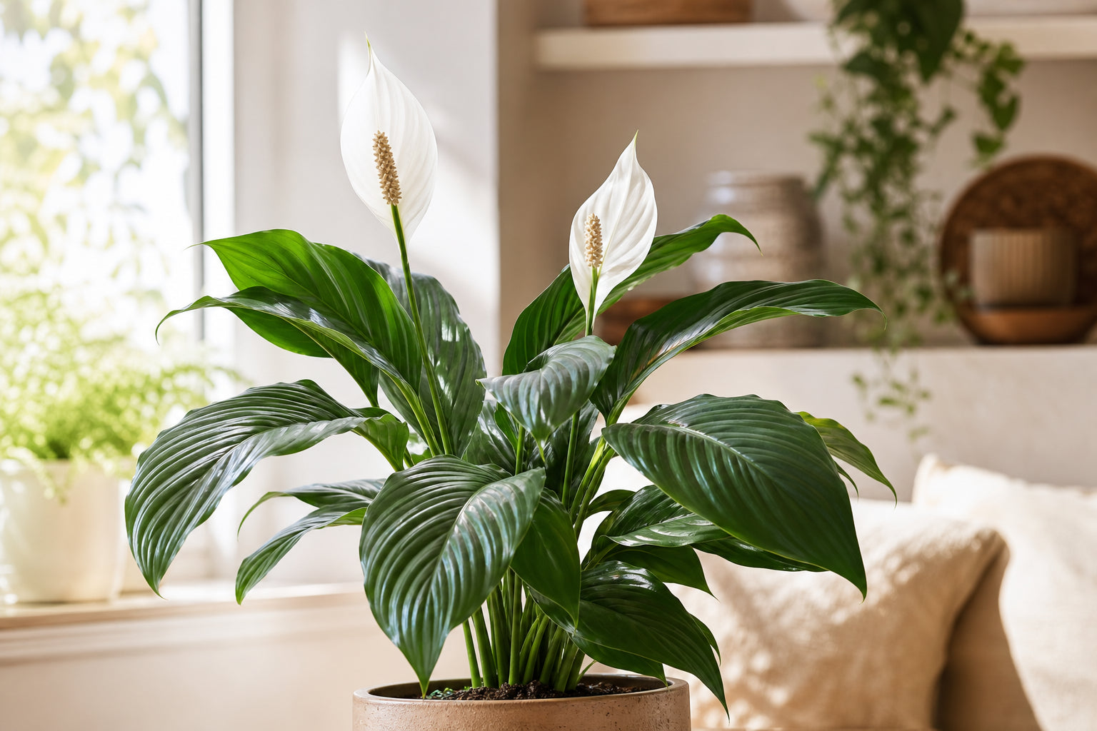 Healthy peace lily houseplant with glossy green leaves and white blooms in a bright indoor setting