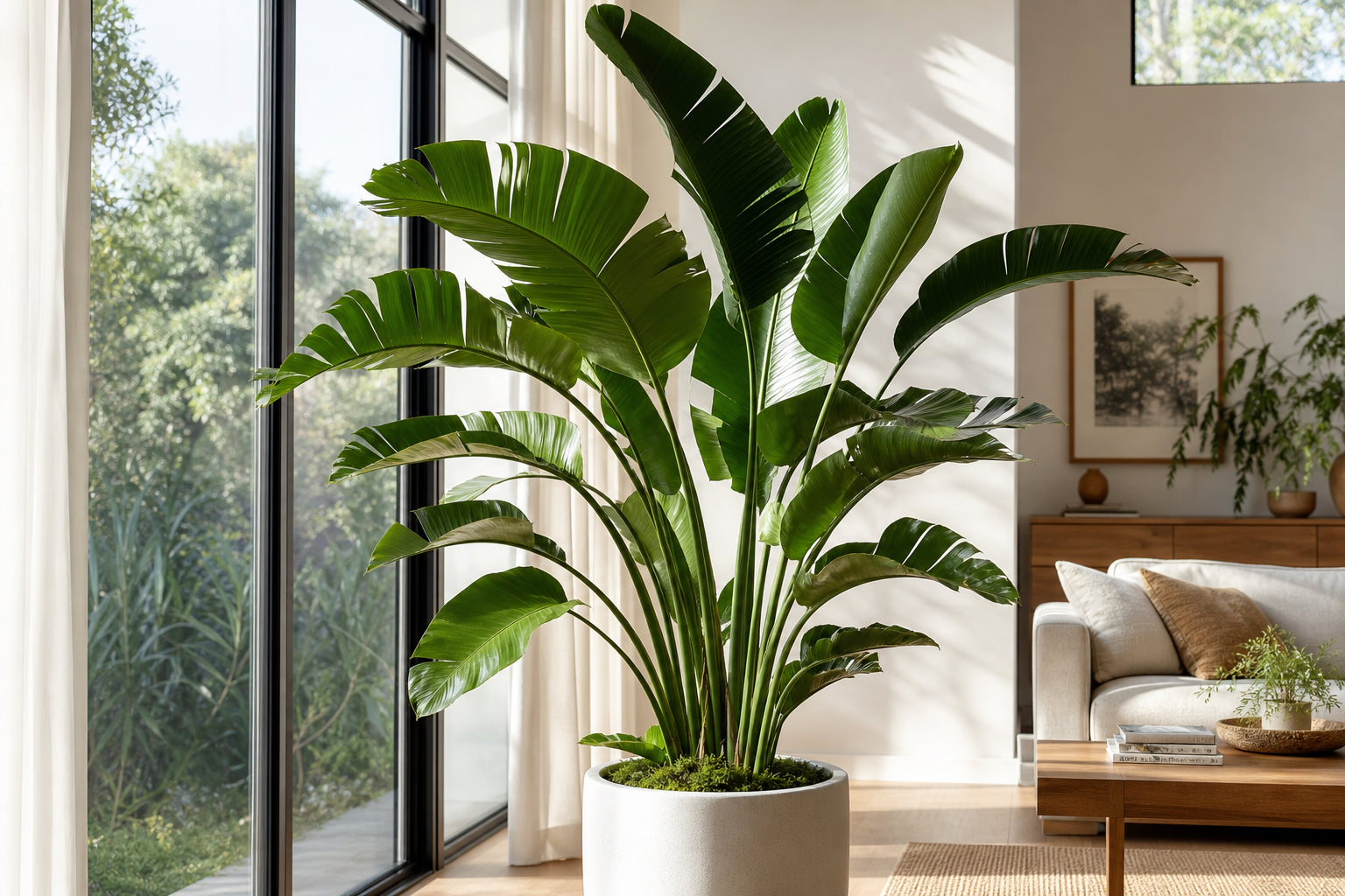 Strelitzia nicolai Bird of Paradise plant with dramatic split tropical leaves in a bright modern living room