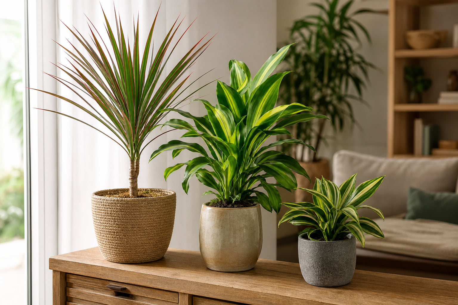 Collection of Dracaena houseplant varieties including Dragon Tree, Corn Plant, and Warneckii displayed on a sunlit wooden console table