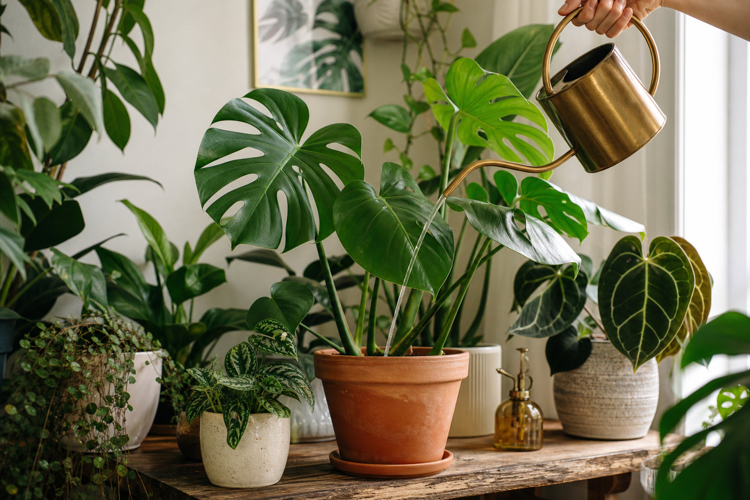 Watering indoor plants — a watering can gently watering lush houseplants on a wooden shelf