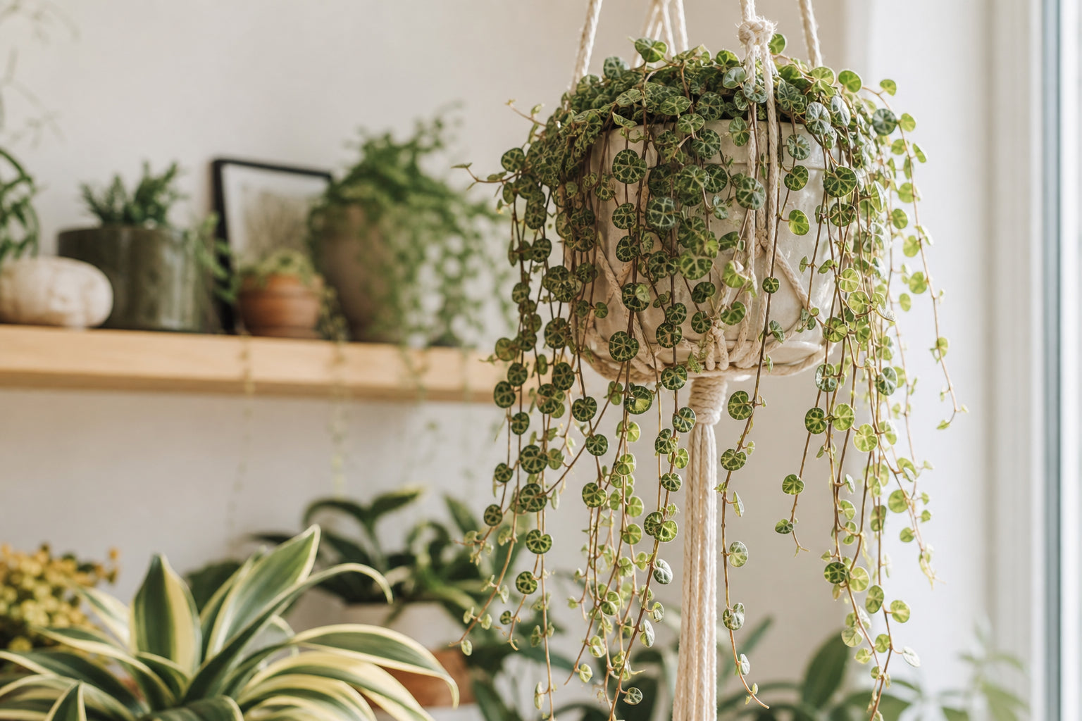String of Turtles (Peperomia prostrata) trailing from a hanging macrame planter, showing its small marbled turtle-shell patterned leaves