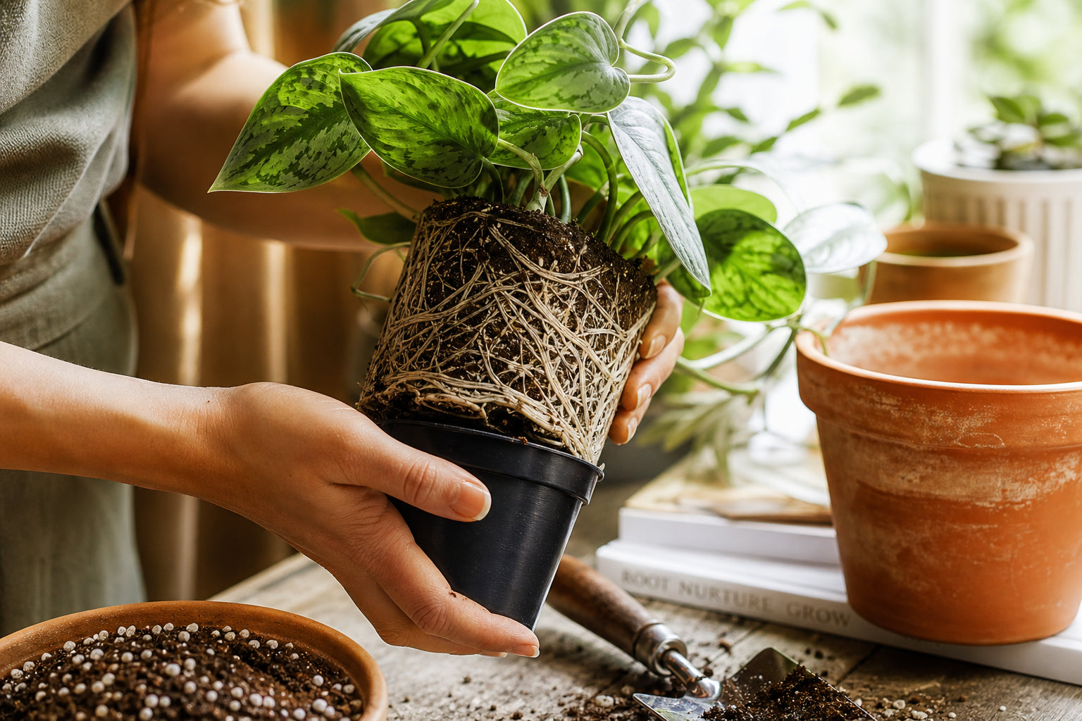 Hands lifting a houseplant out of its nursery pot to inspect the dense, circling root ball for signs it needs repotting