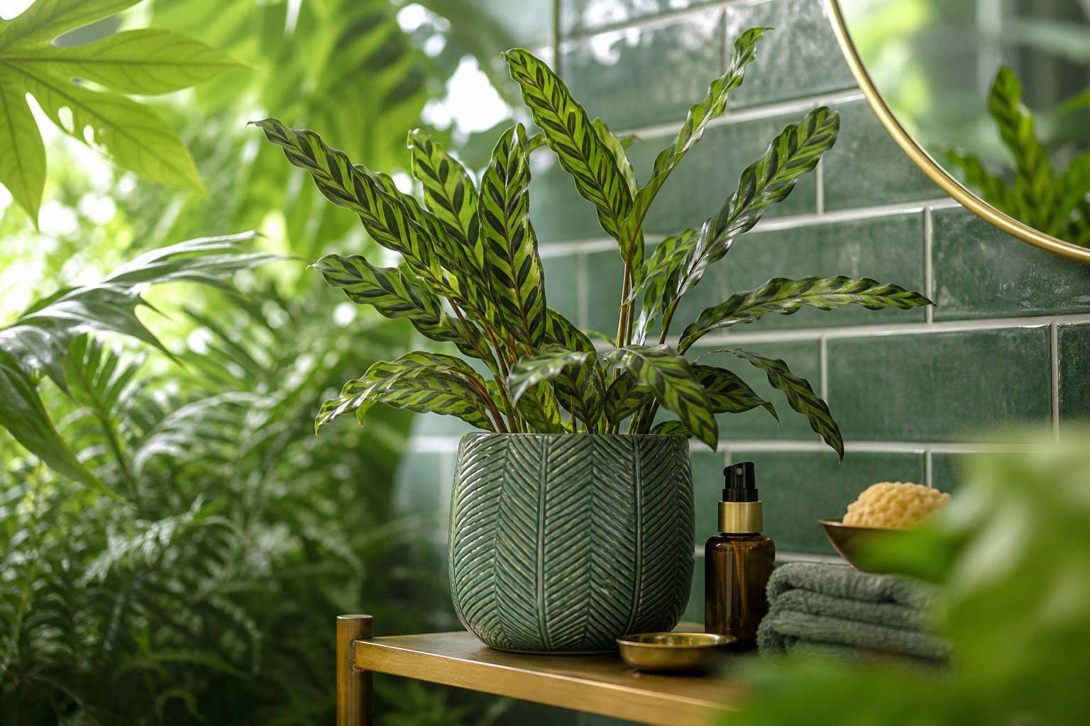 Calathea Freddie houseplant with narrow zebra-striped green leaves in a bright, humid plant nook