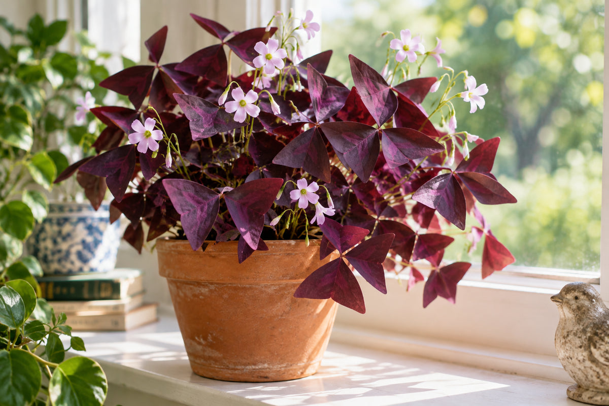 Lush Oxalis triangularis purple shamrock with deep burgundy triangular leaves and pale pink flowers in a terracotta pot on a bright windowsill