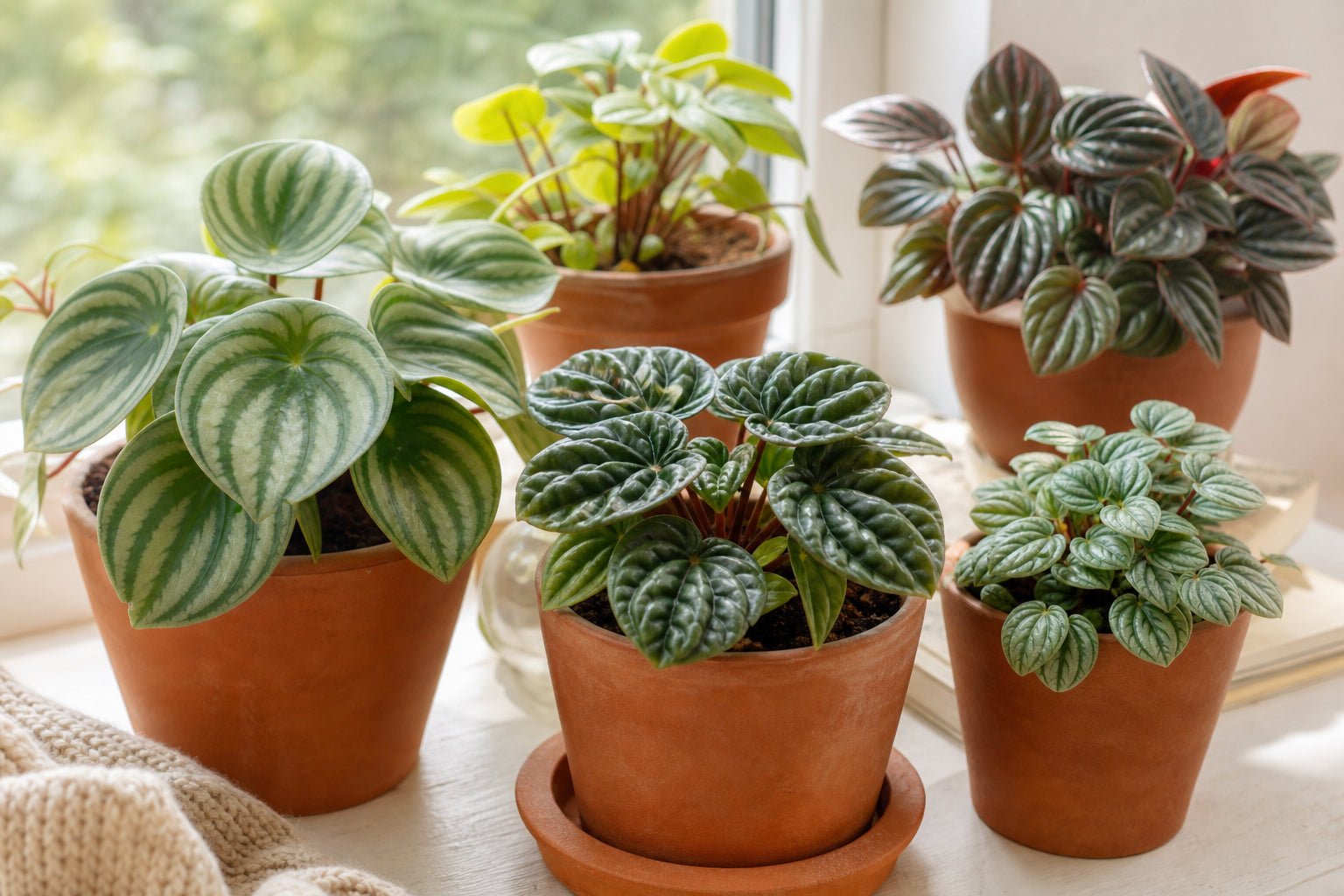 Collection of peperomia plants including watermelon peperomia and emerald ripple peperomia in terracotta pots on a sunny windowsill