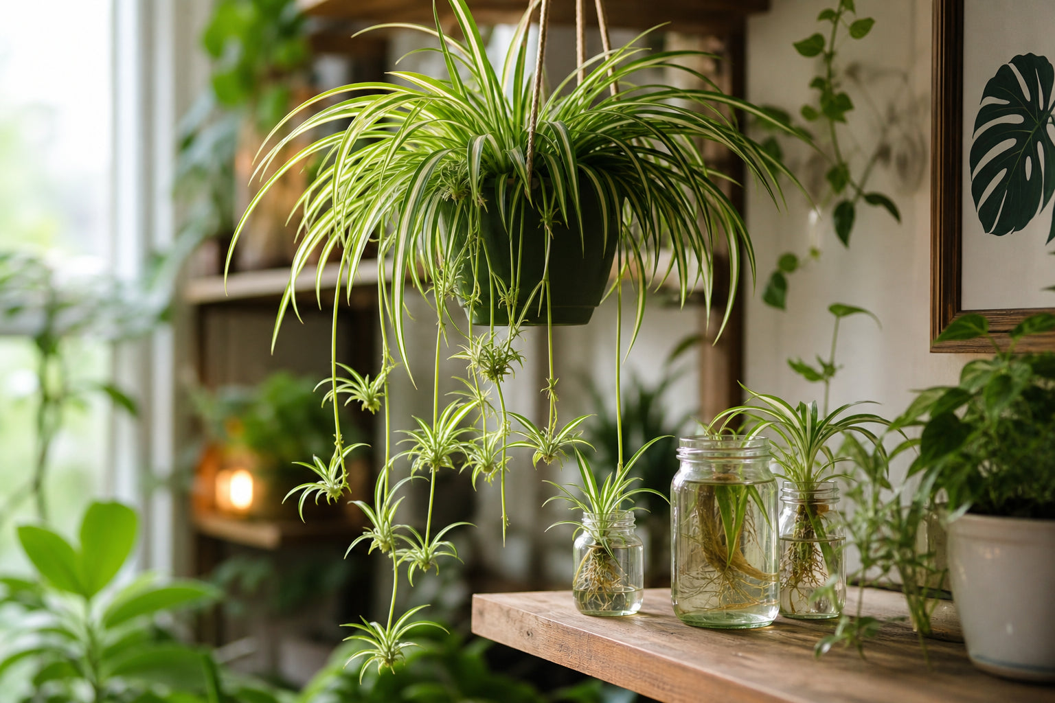 Trailing spider plant in a hanging planter with baby plantlets rooting in glass jars of water on a shelf