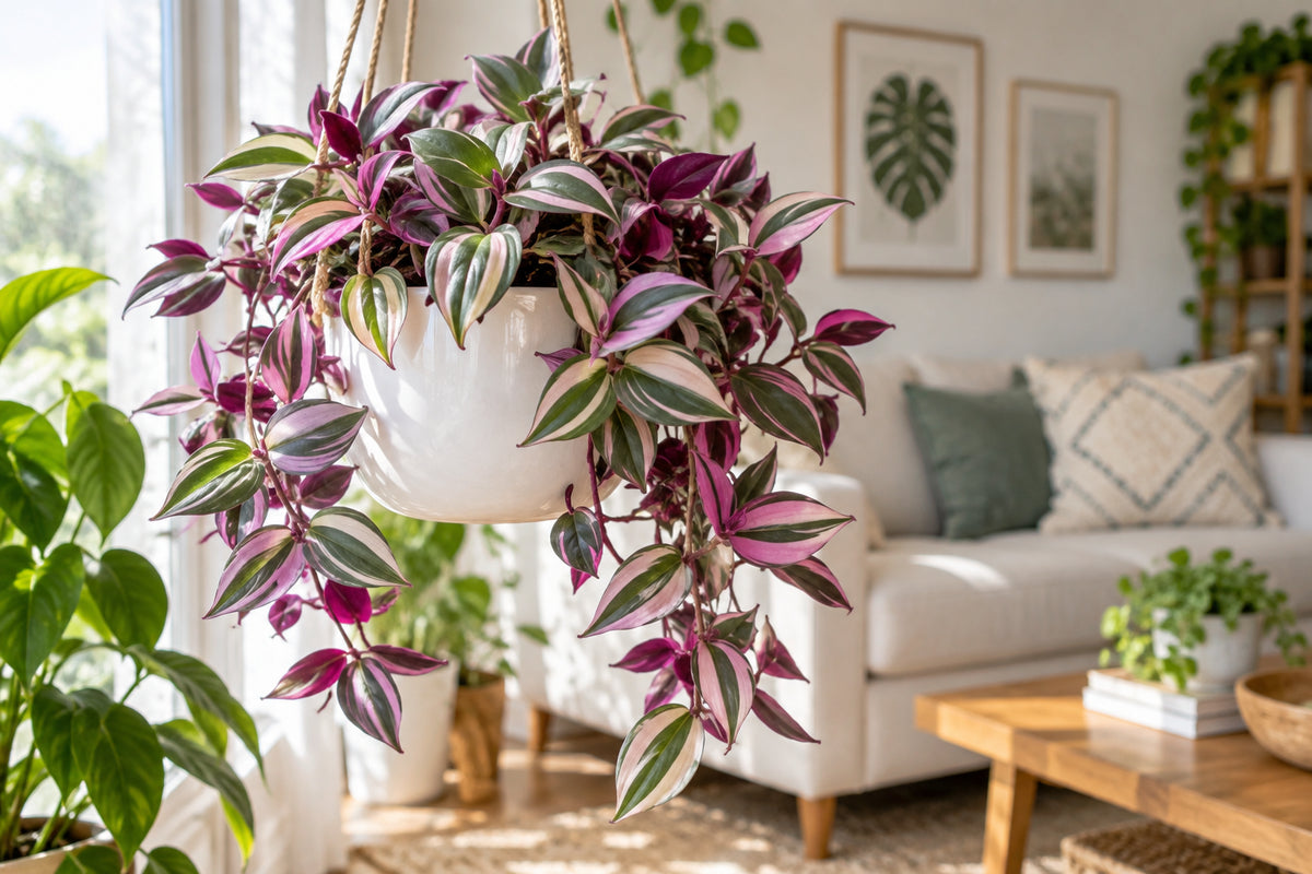 Lush Tradescantia Nanouk with pink, green and cream striped leaves trailing from a white hanging pot in a bright room