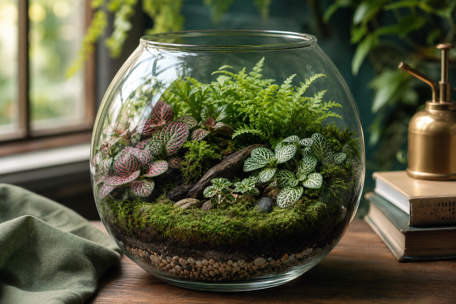 Glass terrarium filled with colorful fittonia nerve plants, ferns, and moss — a complete DIY terrarium guide