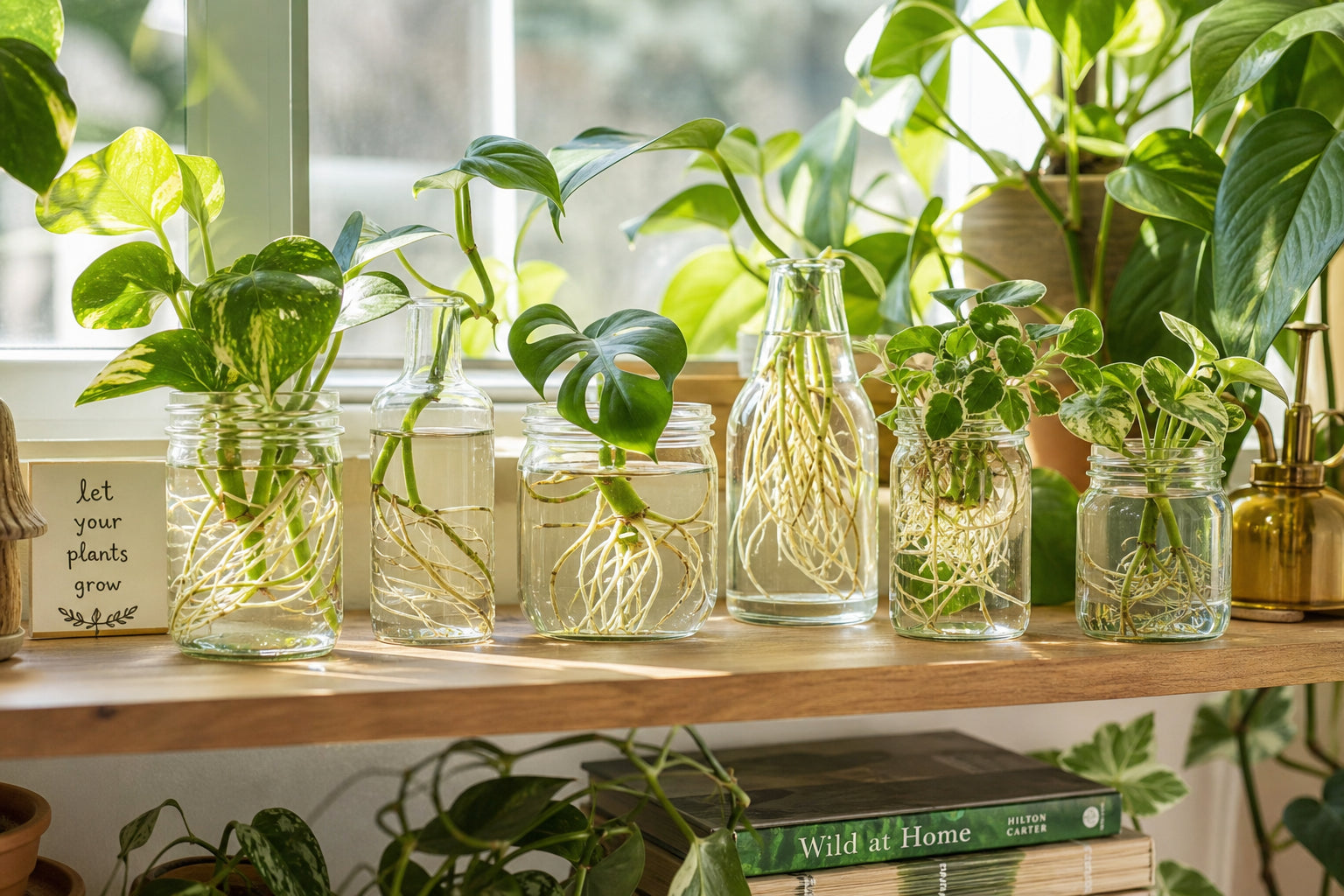 Houseplant cuttings rooting in glass jars of water on a sunny windowsill — complete propagation guide for beginners