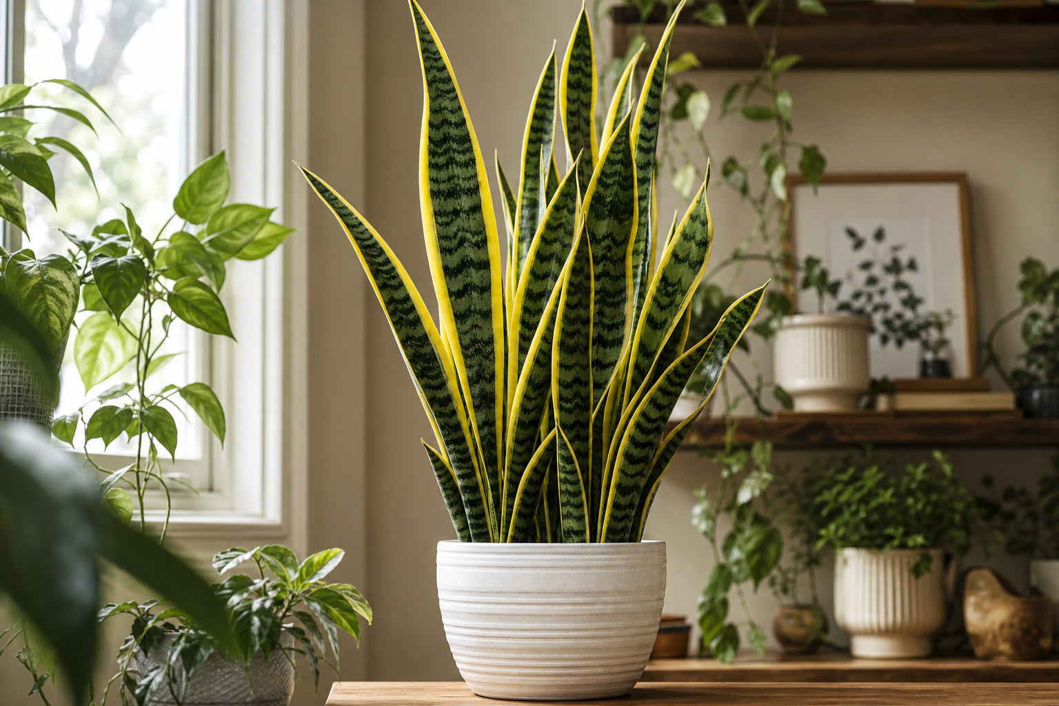 Tall snake plant (Dracaena trifasciata) with yellow-edged striped leaves in a white ceramic pot, bathed in natural window light