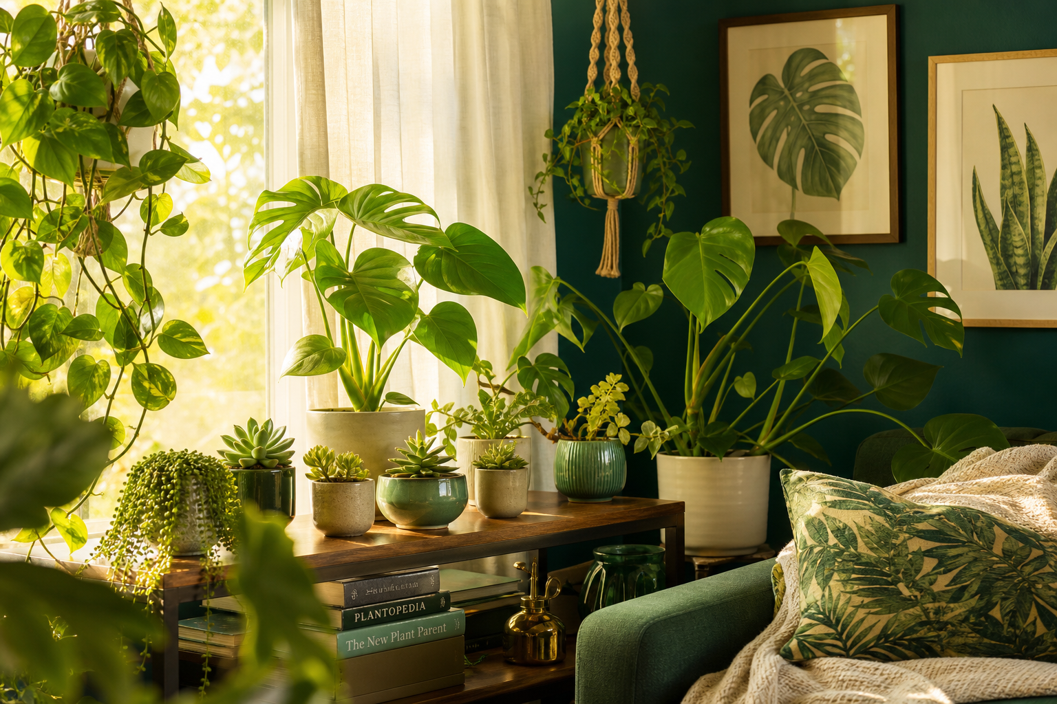 Thriving houseplant collection in bright summer sunlight near a window with sheer curtains — summer houseplant care guide